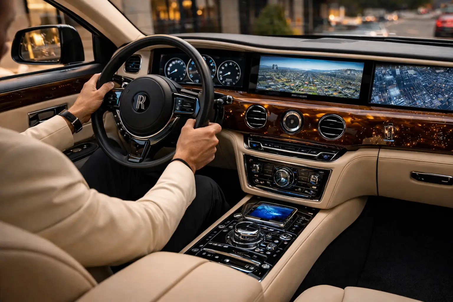 Rolls-Royce Phantom Technology Features displayed in a luxury digital dashboard and infotainment interior